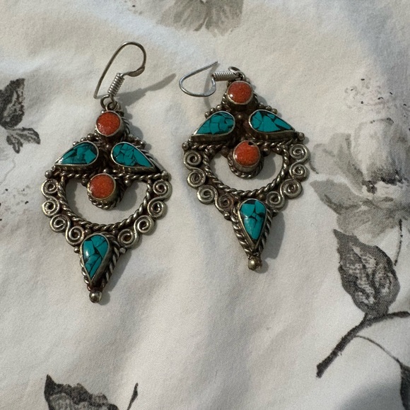 Jewelry - Turquoise and Coral Pendant earrings middleastern